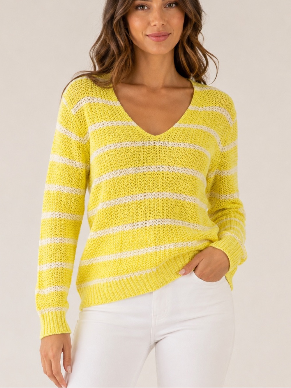 Banana Republic Yellow and White Striped V-Neck Sweater